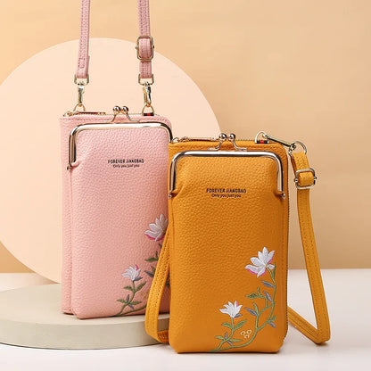 Elegant Floral Leather Mini Crossbody Bag – Mobile Phone Purse & Messenger Wallet