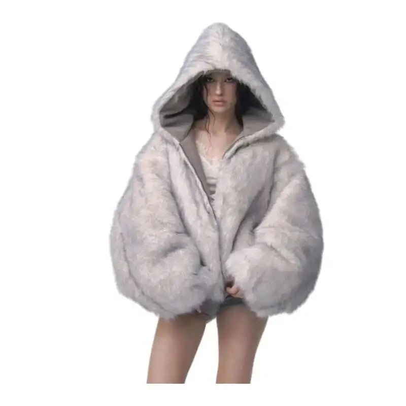 Winter Retro Fur Hooded Oversized Padded Jacket – Plush Gothic Streetwear Coat Women