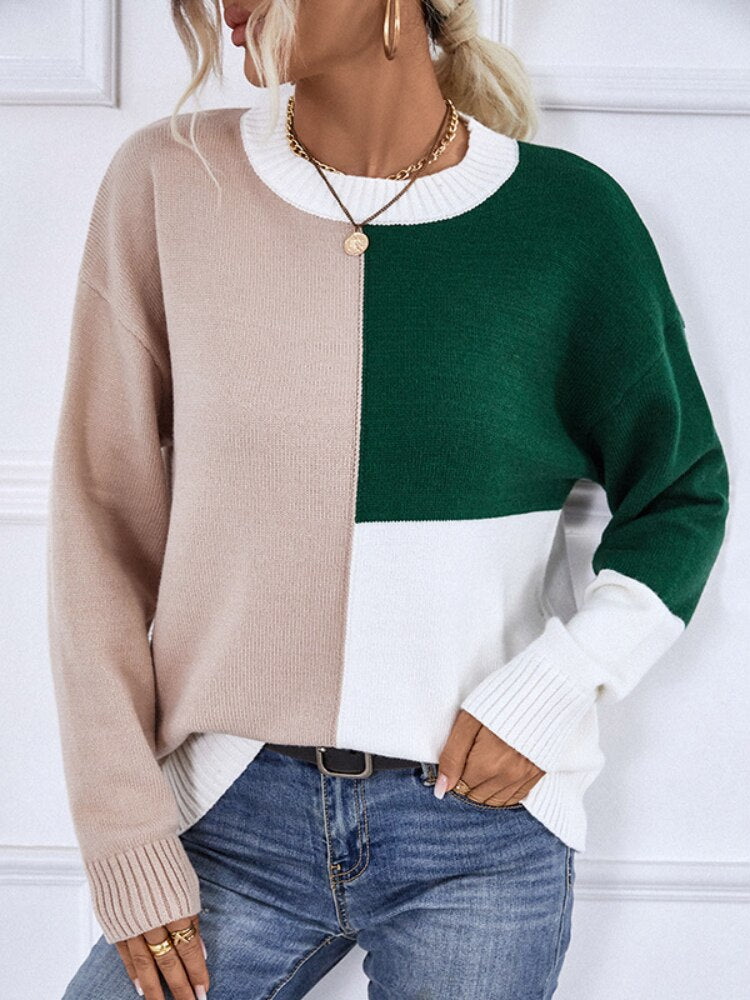 Long Sleeve Top Women Clothing New Color Contrast Round Neck Knitted Pullover Casual Loose Sweater Streetwear Autumn Winter 2023