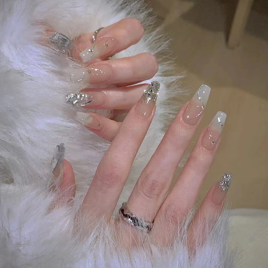  Wearable Silver Stripes Y2k False Nails Long Almond Round Fashion Nail Tips Press On With Silver Beads Designs Fake Nails Art -  - DYAVOR® 