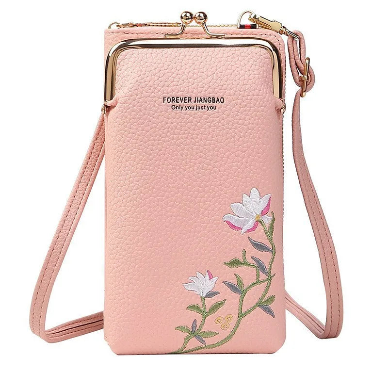 Elegant Floral Leather Mini Crossbody Bag – Mobile Phone Purse & Messenger Wallet
