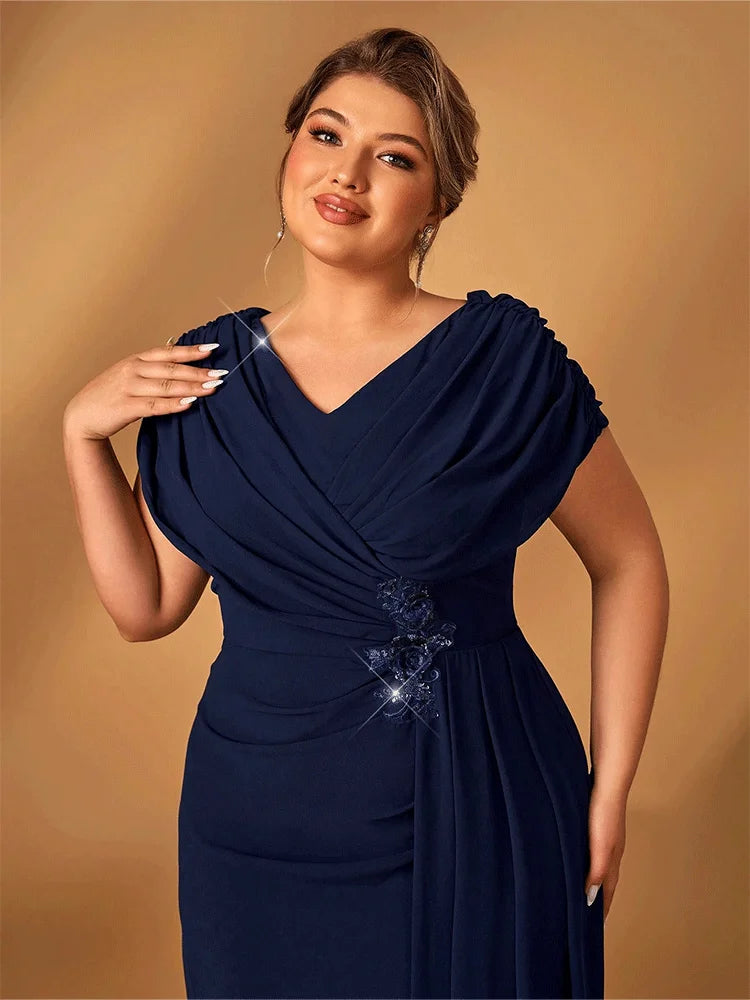 Luxury Plus Size Mother of the Bride Evening Gown – Shiny Navy Blue Chiffon Formal Dress