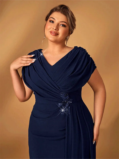 Luxury Plus Size Mother of the Bride Evening Gown – Shiny Navy Blue Chiffon Formal Dress