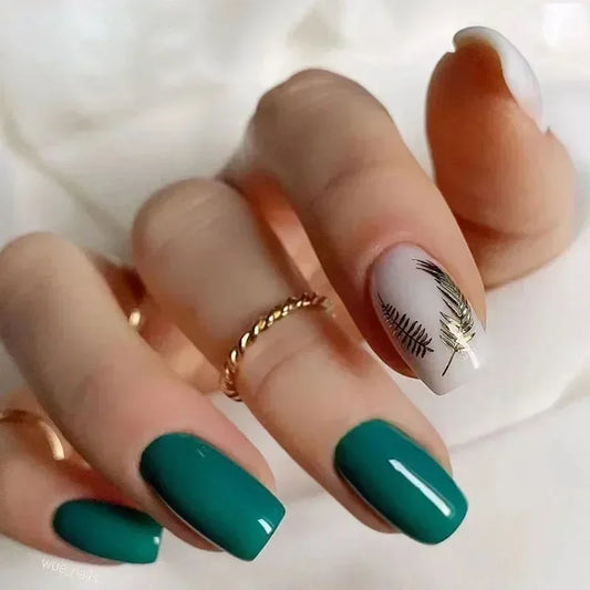  24Pcs Green Short Coffin False Nails White ripples with French Design Wearable Fake Nails Simple Full Cover Press on Nails Tips -  - DYAVOR® 