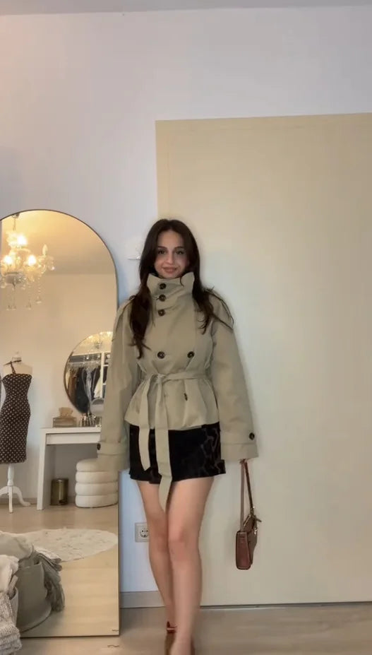 Cropped Trench Jacket For Women – Belted Waist Double-Breasted 2025