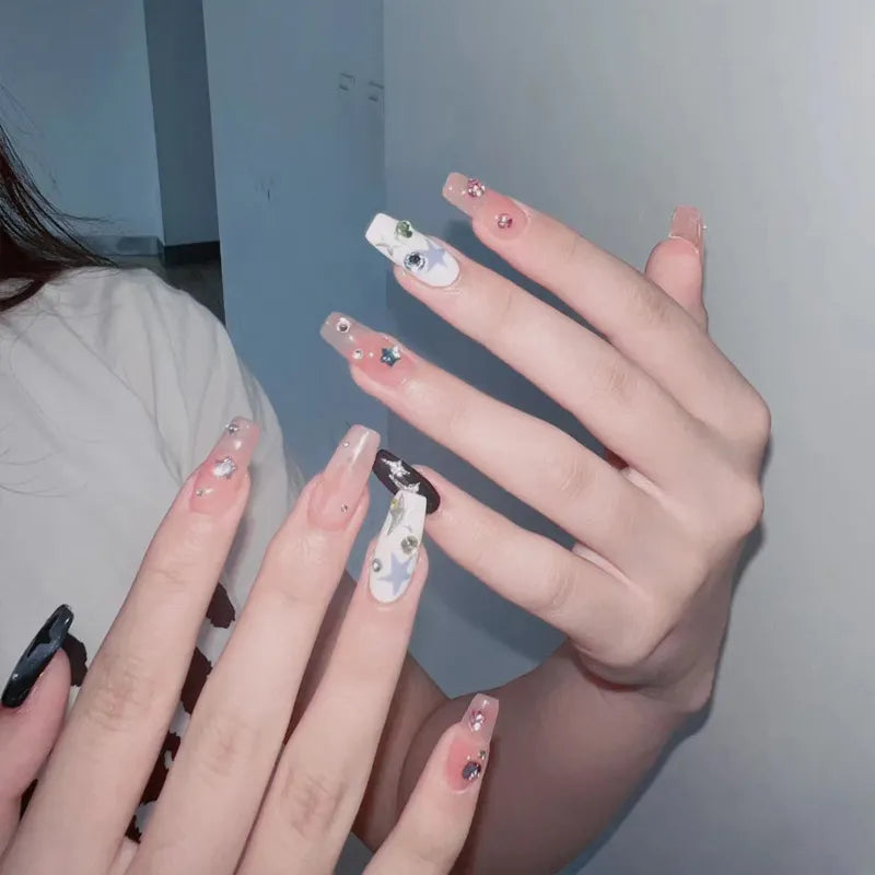  Wearable Silver Stripes Y2k False Nails Long Almond Round Fashion Nail Tips Press On With Silver Beads Designs Fake Nails Art -  - DYAVOR® 