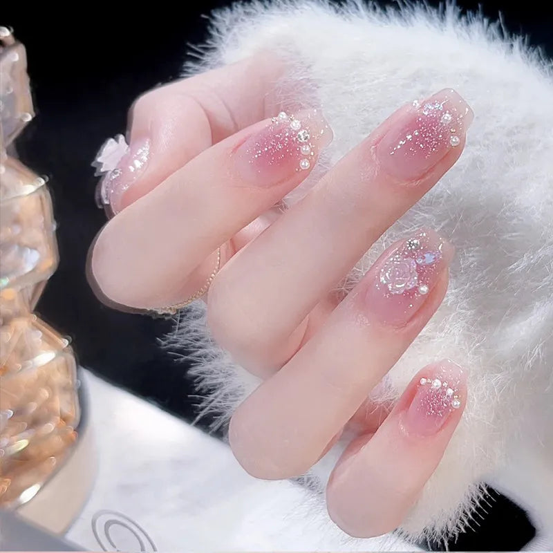  Wearable Silver Stripes Y2k False Nails Long Almond Round Fashion Nail Tips Press On With Silver Beads Designs Fake Nails Art -  - DYAVOR® 