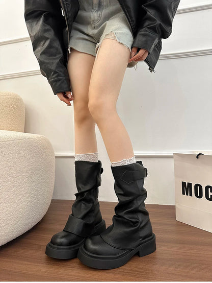 Western Cowboy Booties Thick Heel Pleated Slip-On Designer Trendy Streetwear Women