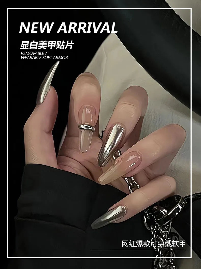  Wearable Silver Stripes Y2k False Nails Long Almond Round Fashion Nail Tips Press On With Silver Beads Designs Fake Nails Art -  - DYAVOR® 