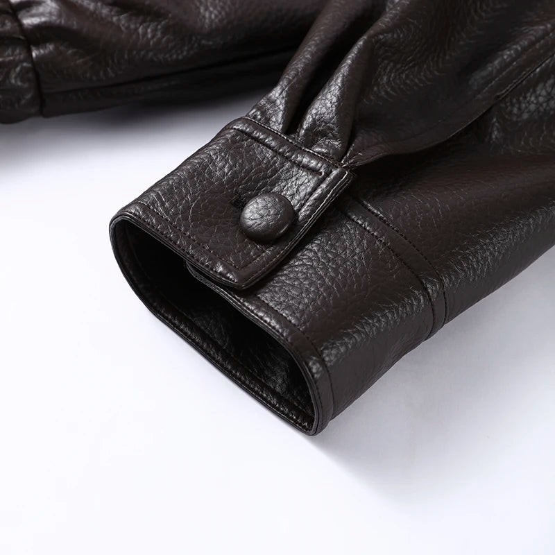 Women’s Double-Breasted Leather Jacket with Detachable Fur Collar