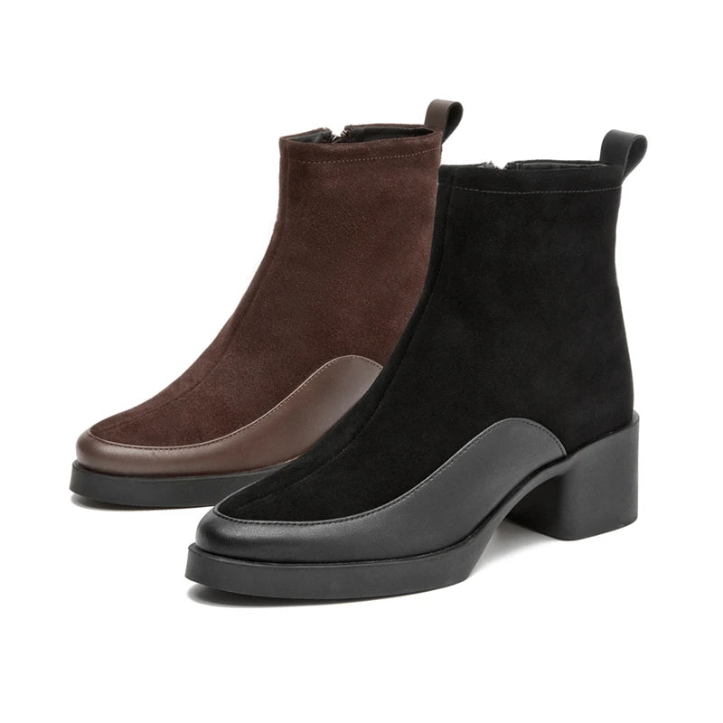 Genuine Leather Chunky High Heel Short Boots Pointed Toe Women