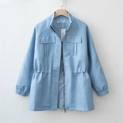 Fall Fashion Faux Leather Jacket with Adjustable Elastic Waist – Trendy Autumn Outerwear Women