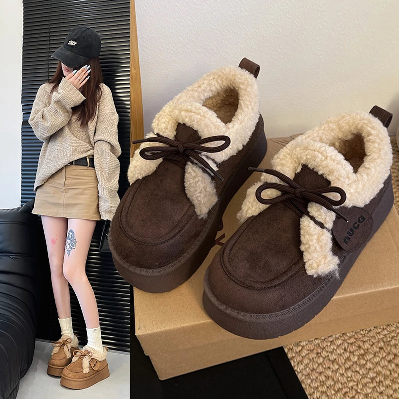 Suede Women Fur Snow Boots Winter Warm Loafers Short Plush Cotton Platform Comfort Women