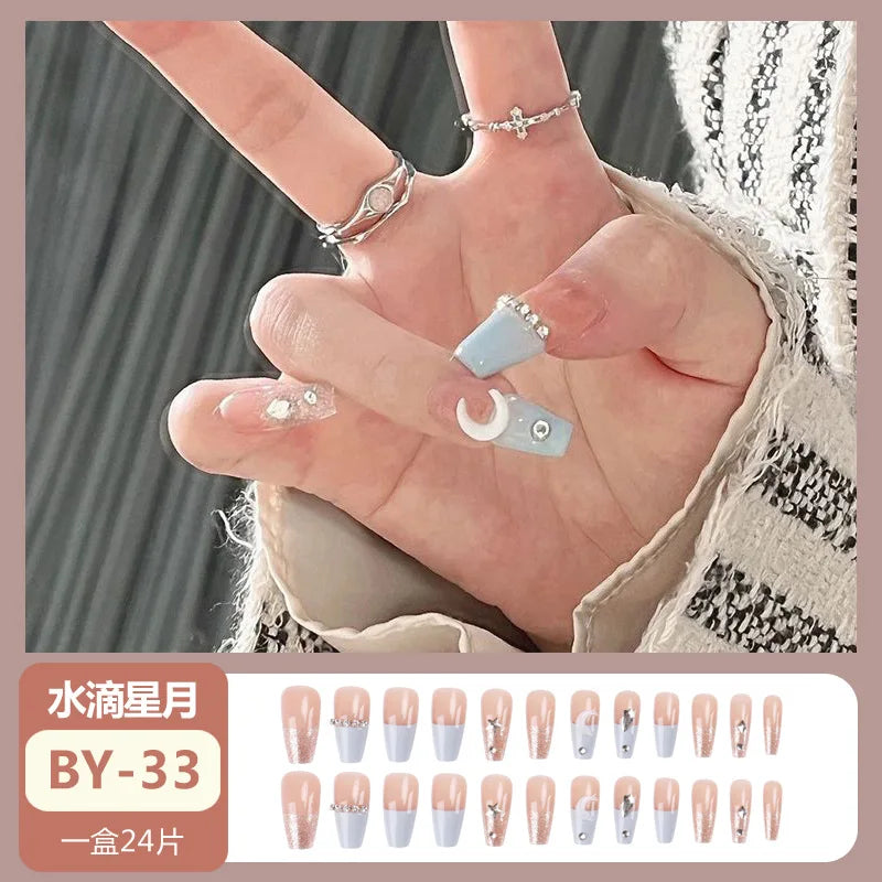  Wearable Silver Stripes Y2k False Nails Long Almond Round Fashion Nail Tips Press On With Silver Beads Designs Fake Nails Art -  - DYAVOR® 