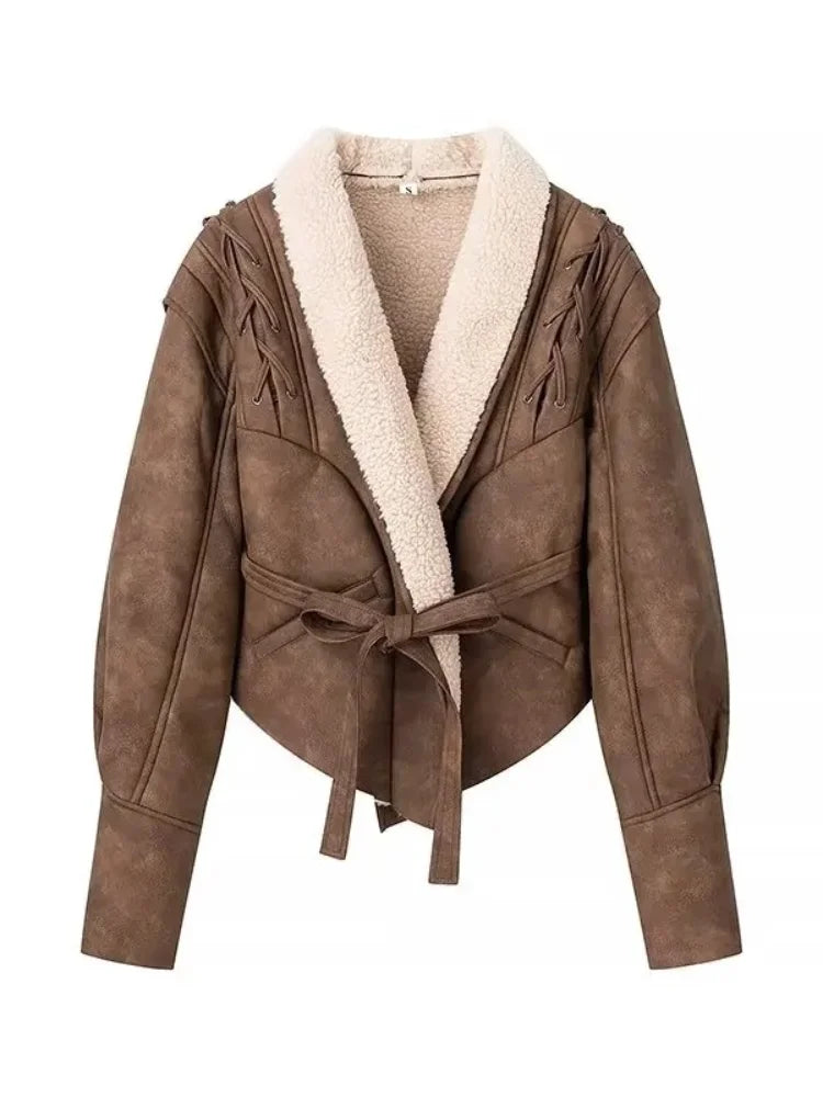 Leather Jacket with Belt & Fur Collar For Women | Elegant Streetwear Coat