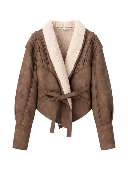 Leather Jacket with Belt & Fur Collar For Women | Elegant Streetwear Coat