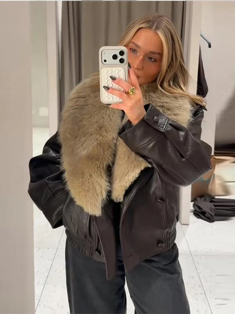 Women’s Double-Breasted Leather Jacket with Detachable Fur Collar