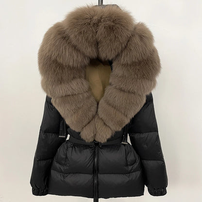 Luxury Down Puffer Jacket with Real Fox Fur Hood – Thick Waterproof Winter Parka for Women