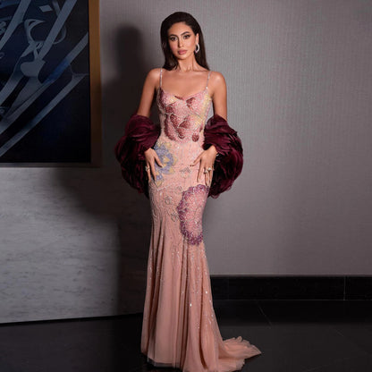 Luxury Pink Floral Beaded Evening Dress – Elegant Custom Gown with Burgundy Shawl Cape