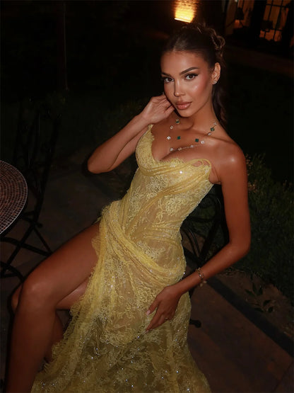 Elegant Yellow Mermaid Lace Prom Dress – Custom Sequin Gown with High Side Split
