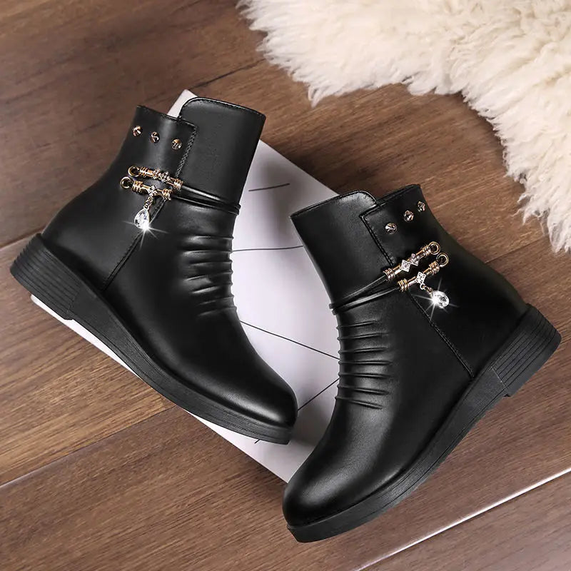 Leather Snow Boots Thick Wool Lined Women Winter Warm