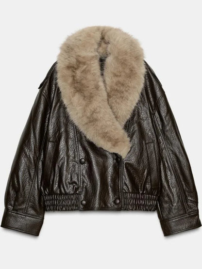 Double-Breasted Leather Jacket with Detachable Fur Collar For Women