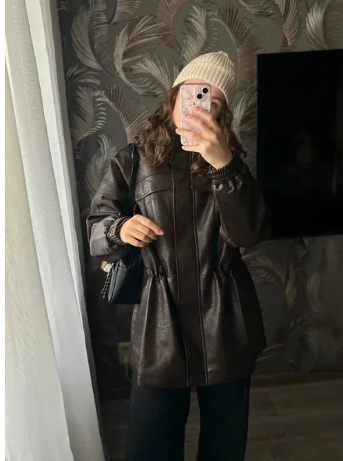 Fall Fashion Faux Leather Jacket with Adjustable Elastic Waist – Trendy Autumn Outerwear Women
