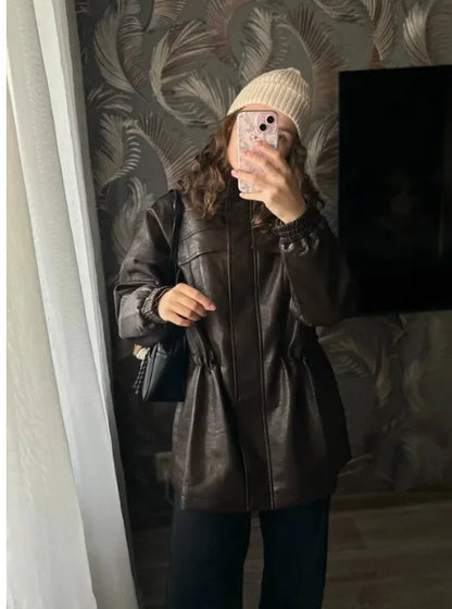 Fall Fashion Faux Leather Jacket with Adjustable Elastic Waist – Trendy Autumn Outerwear Women