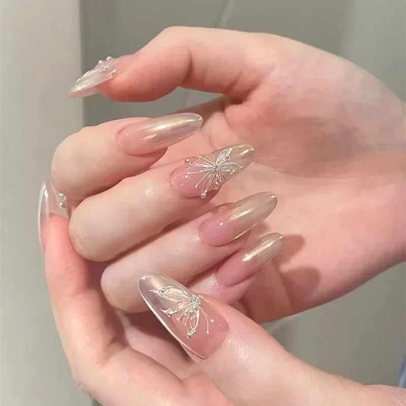 24Pcs French Almond False Nails Glitter with Rhinestones Wearable Fake Nails Artificial Simple Full Cover Press on Nails Tips -  - DYAVOR® 