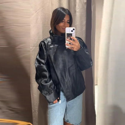 Stand Collar Leather Jacket For Women – Double Button High Street