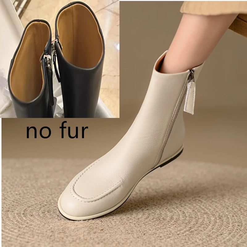 Genuine Leather Ankle Boots Women Winter Flat Short Knight Shoes