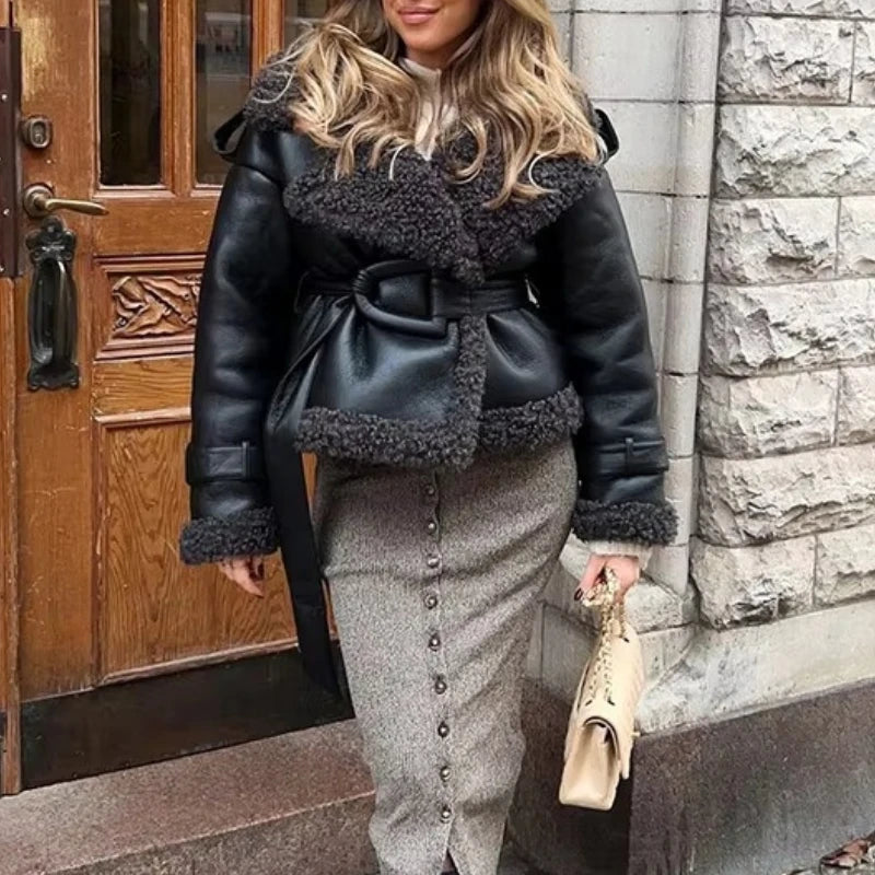 Faux Fur Leather Long Jacket – Belted Lapel Patchwork Winter Coat for Women