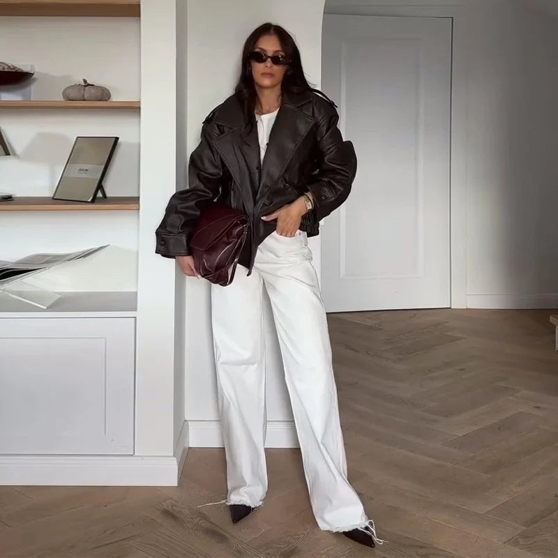 Women’s Double-Breasted Leather Jacket with Detachable Fur Collar