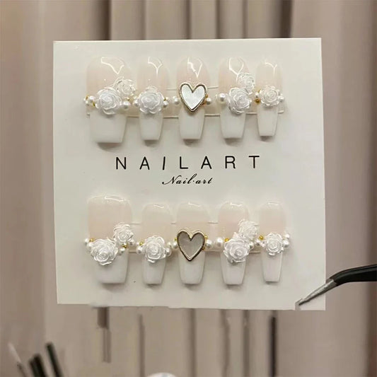 White Color French Ballerina Press On Nails Handmade Full Cover Artificial False Nails With Design Professional For Girls -  - DYAVOR® 