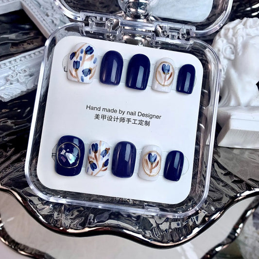  10PCS Blue & White Handmade Porcelain Short Square Nail Tips Chinese Rose Stars False Nails Press On Nail Art Reusable Fake Nail -  - DYAVOR® 