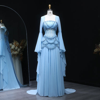 Elegant White & Yellow Chiffon Corset Evening Dress with Flare Sleeve Jacket