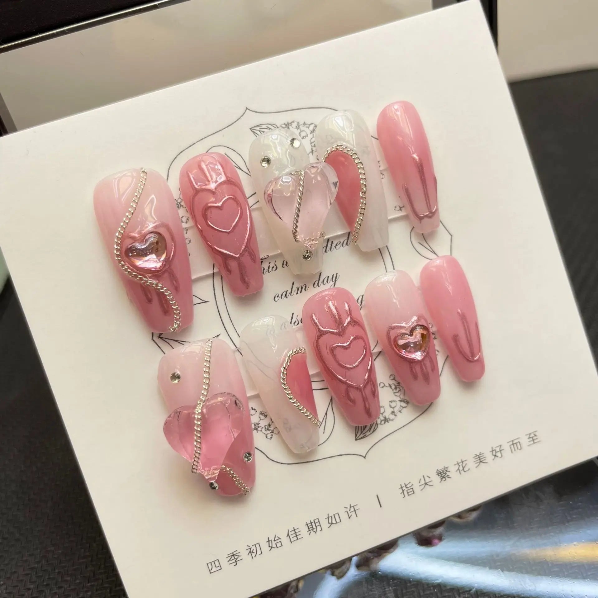  10Pcs Pink Long Ballet Handmade Press On Nails French Rhinestones Wearable False Nails Gradient Decoration Fake Nails Tips Art -  - DYAVOR® 