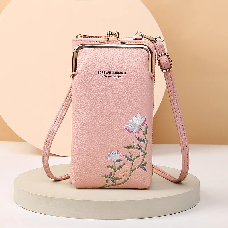 Elegant Floral Leather Mini Crossbody Bag – Mobile Phone Purse & Messenger Wallet
