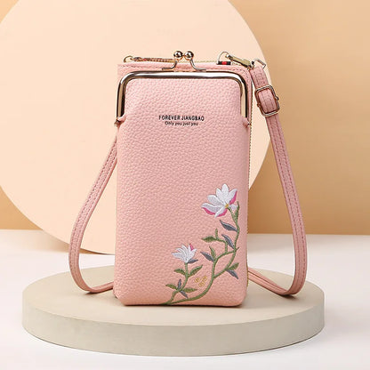 Elegant Floral Leather Mini Crossbody Bag – Mobile Phone Purse & Messenger Wallet