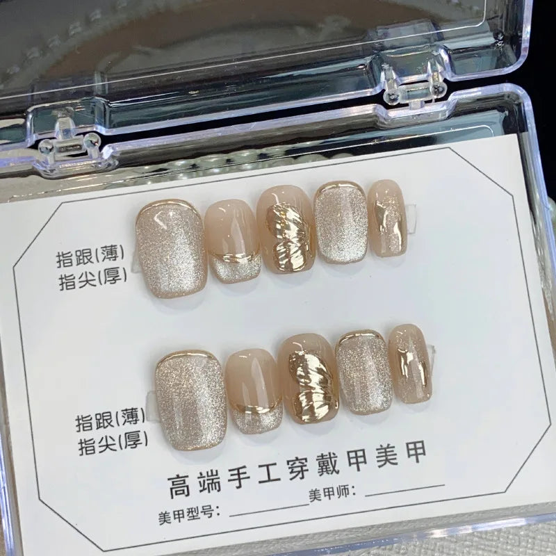  10pcs handmade false nails ballet short glitter pink cat eyes fake nails with glue full cover Nude White press on acrylic nails -  - DYAVOR® 