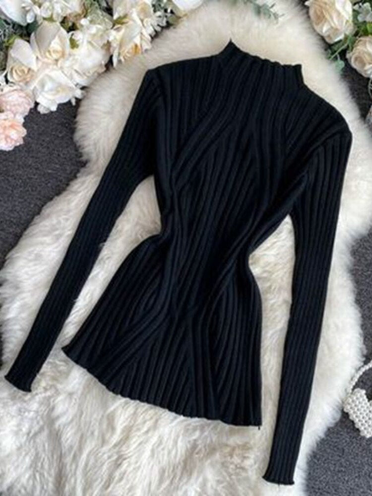 Semi-turtleneck Knitted Bottoming Shirt Long Sleeve Shirt Autumn Winter New Tight Pit Sweater Pullover for Women Sweater Women