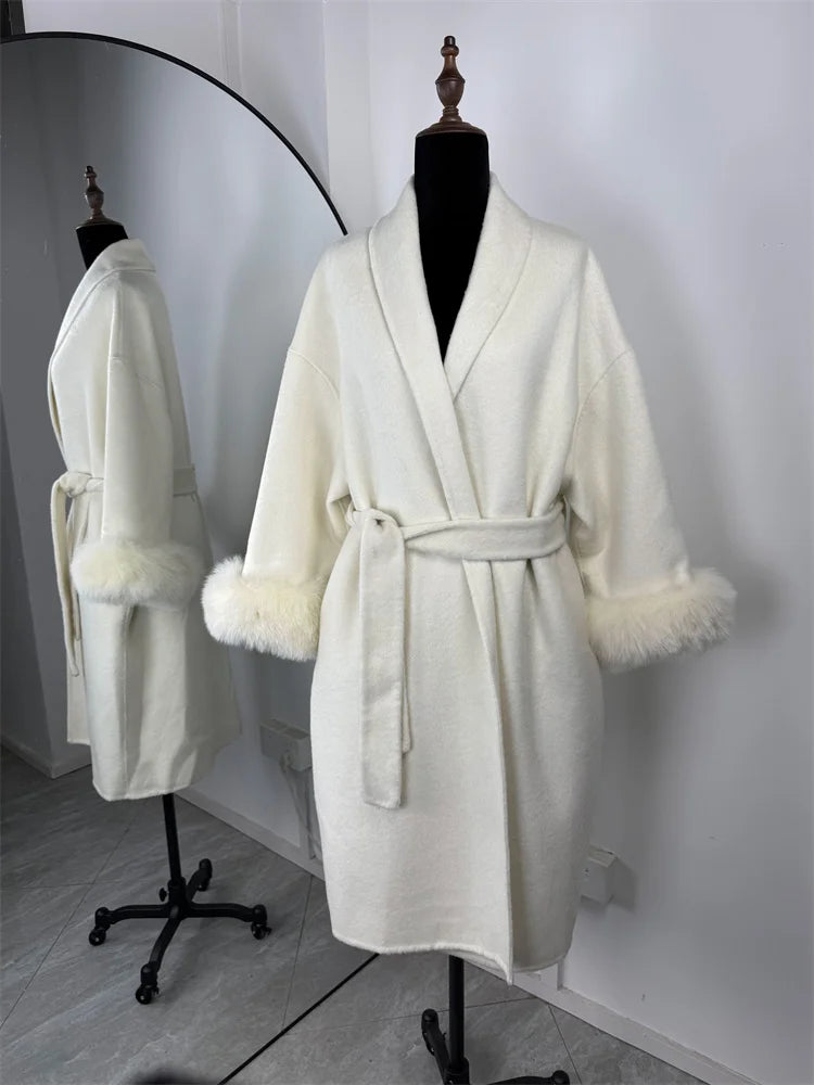 Elegant Fox Fur Wool Overcoat For Women – Short Double-Sided Wool Coat 2025