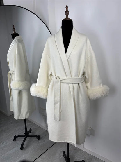 Elegant Fox Fur Wool Overcoat For Women – Short Double-Sided Wool Coat 2025