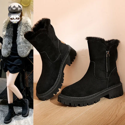 Snow Boots Platform Plush Women Winter Warm Non-Slip Short Suede Fashion Flats
