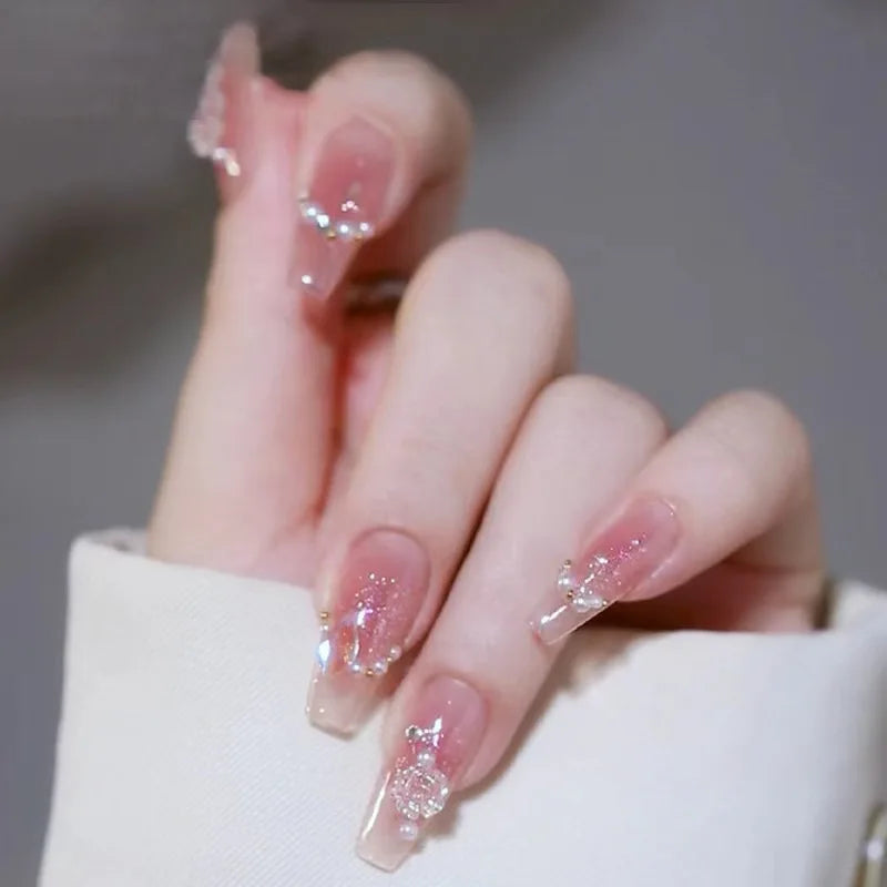  Wearable Silver Stripes Y2k False Nails Long Almond Round Fashion Nail Tips Press On With Silver Beads Designs Fake Nails Art -  - DYAVOR® 