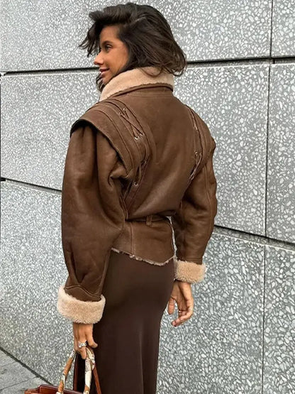 Leather Jacket with Belt & Fur Collar For Women | Elegant Streetwear Coat