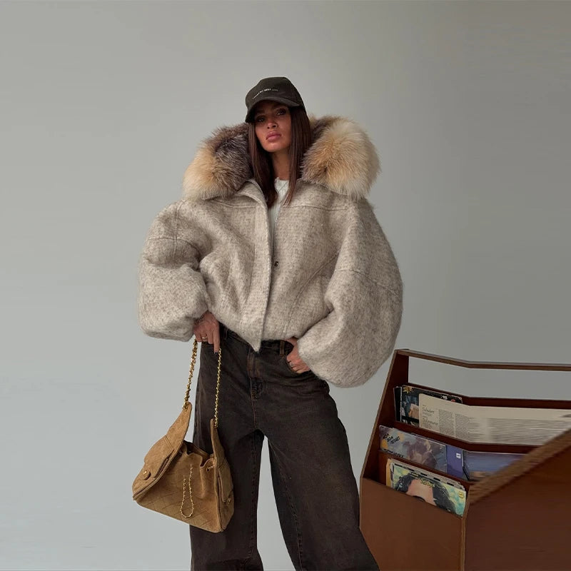 Vintage Thicken Faux Fur Woolen Hooded Pocket Lantern Sleeve Elastic Waist Coat Women