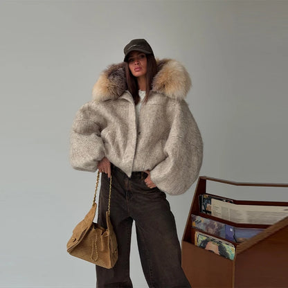 Vintage Thicken Faux Fur Woolen Hooded Pocket Lantern Sleeve Elastic Waist Coat Women