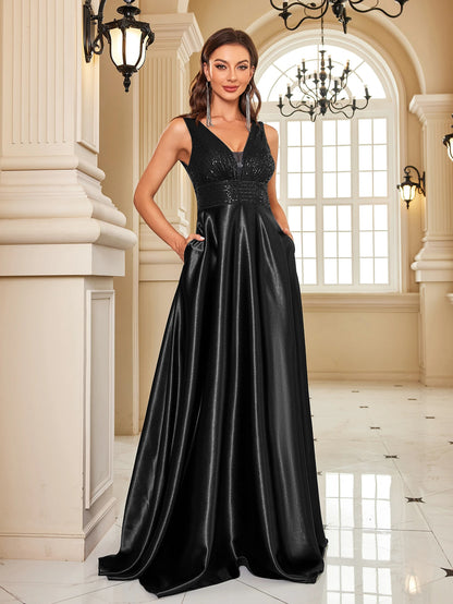 Elegant Sequin Deep V-Neck Satin Evening Dress – Floor-Length Formal Gown