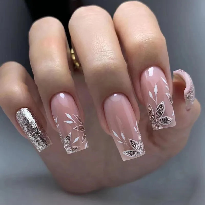  24Pcs Long Coffin False Nails Glitter Fake Nail with Rhinestones Press on Nails Full Cover Nail Tips Detachable Fake Fingernails -  - DYAVOR® 